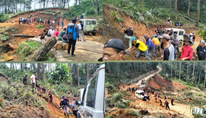 Penanganan Bencana Longsor di Kampung Tugu Di Dua Desa,  Warga Sindang Jaya dan Cilanggari  Membenahi Jalan Dengan Alat Seadanya