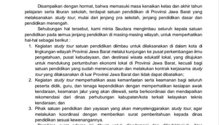 Surat Edaran Pj. Gubernur Jabar Memperkuat Desakan Para Orangtua Siswa yang Merasa Keberatan Dengan Study Tour