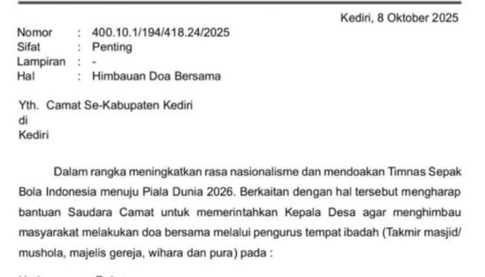 Untuk Timnas Indonesia  Menuju Piala Dunia 2026, Pemerintah Kabupaten Kediri Keluarkan Himbauan Doa Bersama